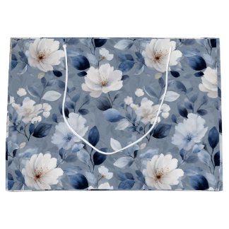 Grand Sac Cadeau Motif floral blanc fleur bleu doux aquarelle