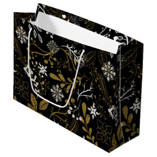 Grand Sac Cadeau Motif floral complexe avec or et blanc