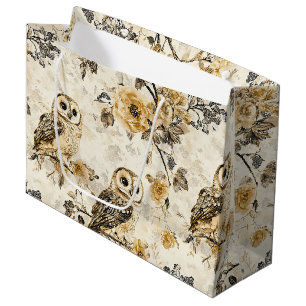 Grand Sac Cadeau Motif floral Cottagecore Hibou beige