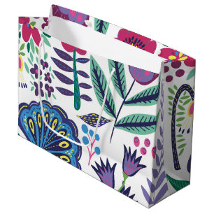 Grand Sac Cadeau Motif floral d'art populaire magenta