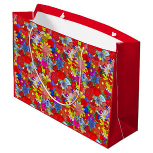 Grand Sac Cadeau Motif floral jaune bleu pourpre vert rouge