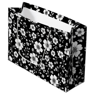 Grand Sac Cadeau Motif floral sans couture vintage noir et blanc (1
