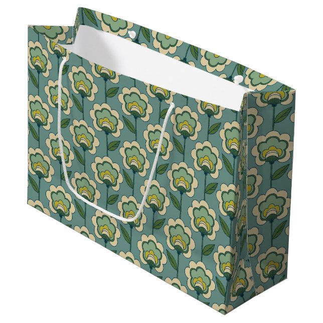 Grand Sac Cadeau Motif floral turquoise et jaune (Devant Angle)