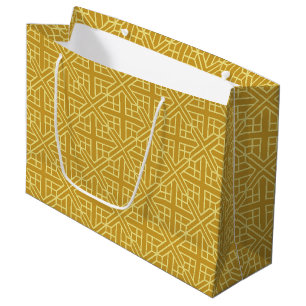 Grand Sac Cadeau Motif géométrique diamant or et marron élégant