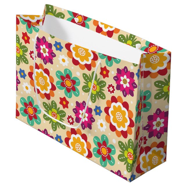 Grand Sac Cadeau Motif mexicain des fleurs d'art populaire (Devant Angle)