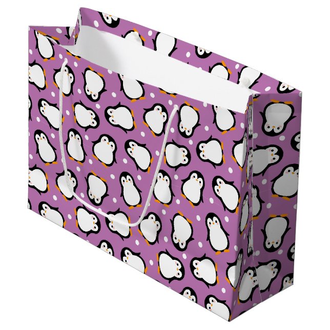 Grand Sac Cadeau Motif mignon de pingouin violet (Devant Angle)
