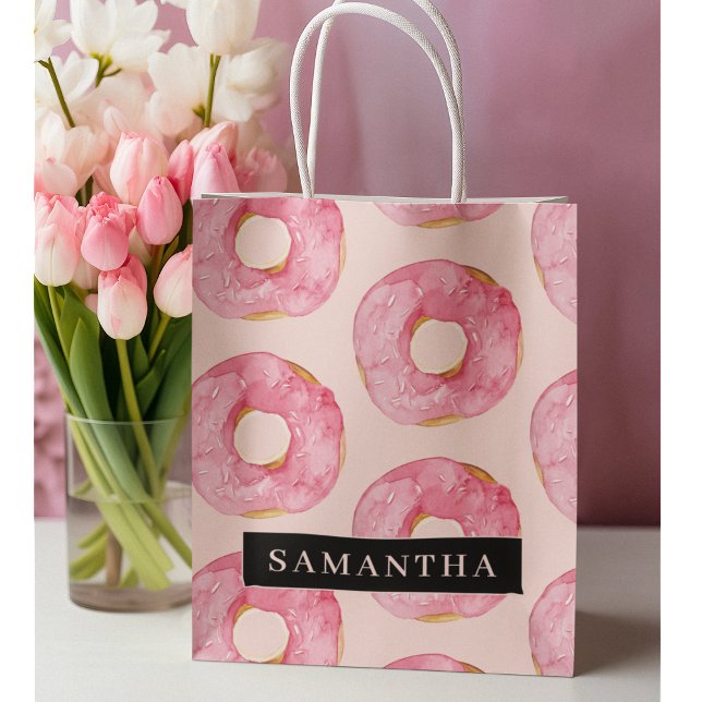 Grand Sac Cadeau Motif moderne de beignets à l'aquarelle rose avec  (Créateur téléchargé)