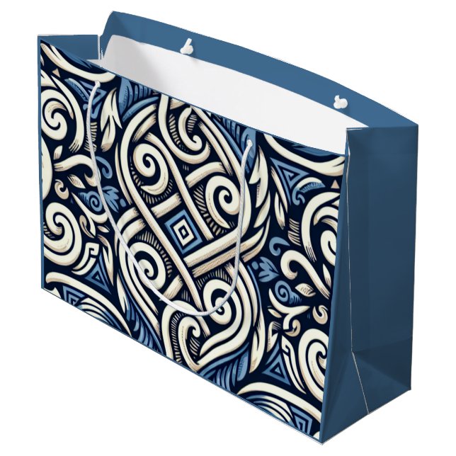 Grand Sac Cadeau Motif moderne grec bleu et blanc (Dos Angle)