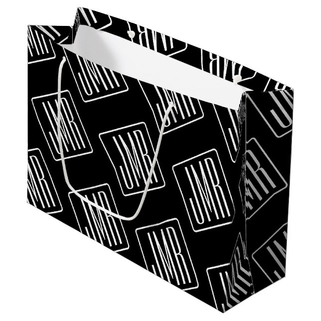 Grand Sac Cadeau Motif monogramme moderne | Noir & Blanc (Devant Angle)