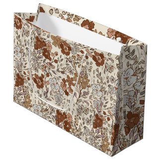 Grand Sac Cadeau Motif Nature Fleur Marron Floral Sauvage Vintage