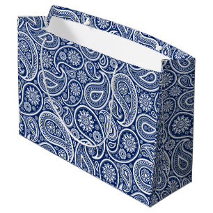 Grand Sac Cadeau Motif paisley vintage blanc sur bleu