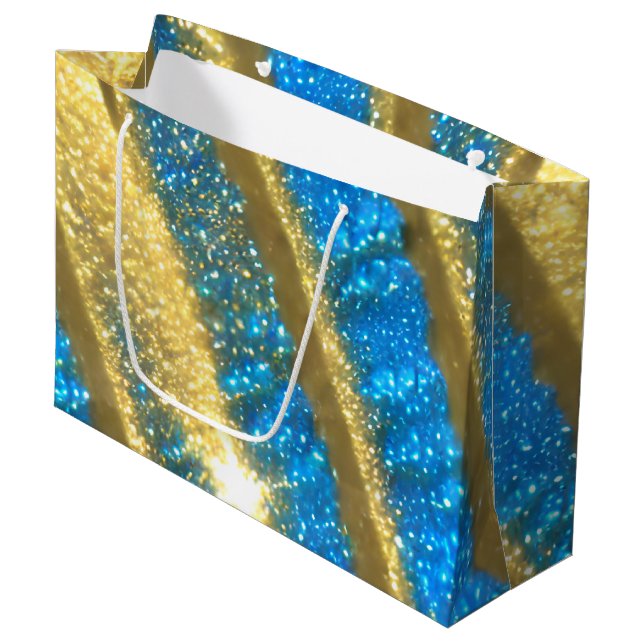 Grand Sac Cadeau Motif Parties scintillant bleu et or (Devant Angle)