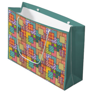 Grand Sac Cadeau Motif patchwork Fleurs pois rayure    