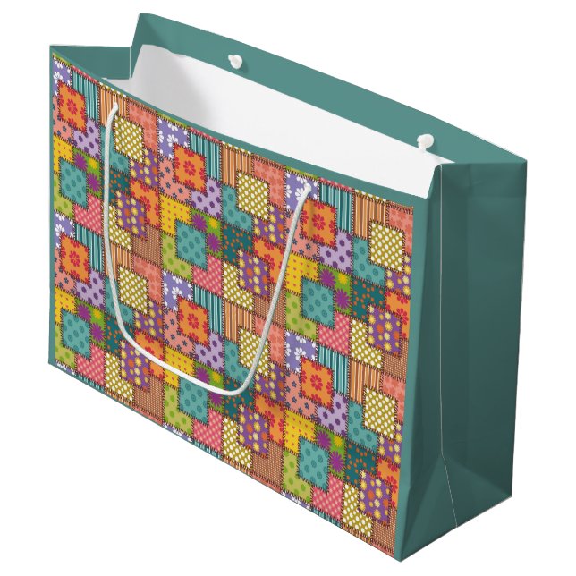 Grand Sac Cadeau Motif patchwork Fleurs pois rayure     (Devant Angle)