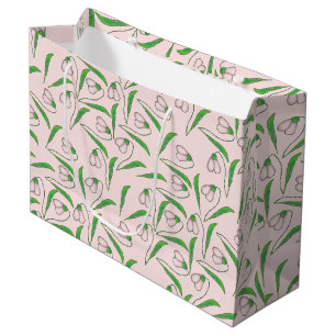 Grand Sac Cadeau Motif perce-neige sur rose saumoné