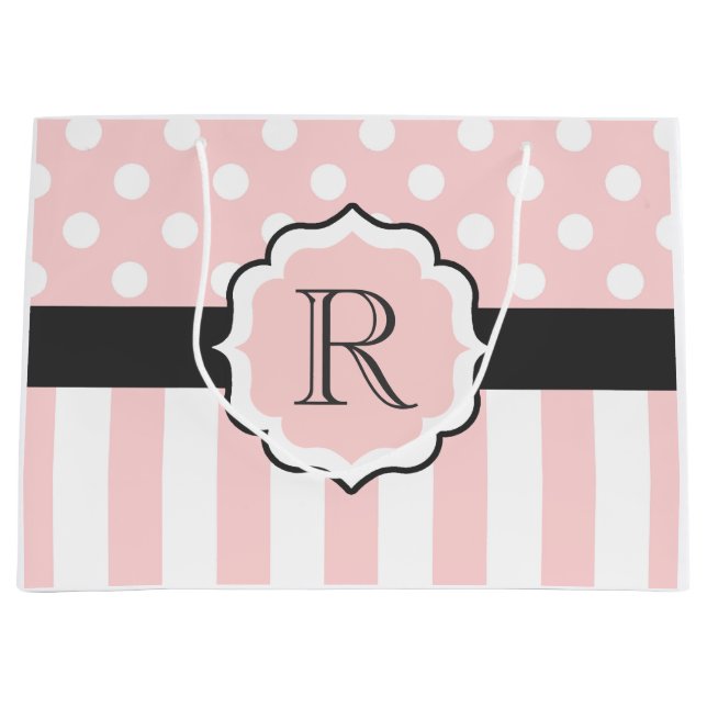 Grand Sac Cadeau Motif points et rayures roses (Devant)