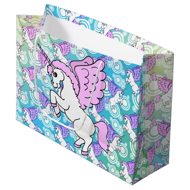 Grand Sac Cadeau Motif pourpre et rose de licorne (Devant Angle)
