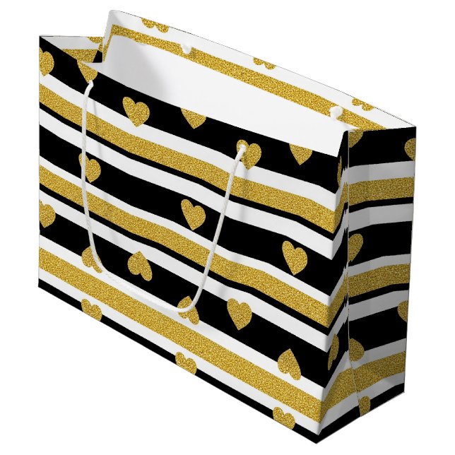 Grand Sac Cadeau Motif rayure cœurs or luxe (Devant Angle)