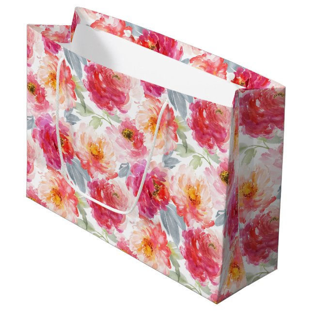 Grand Sac Cadeau Motif rose Aquarelle Peony (Devant Angle)