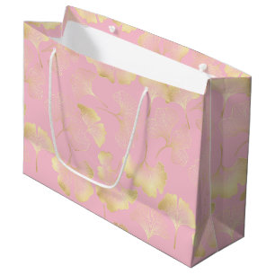 Grand Sac Cadeau Motif Rose Art en Ligne Or Ginkgo Japonais