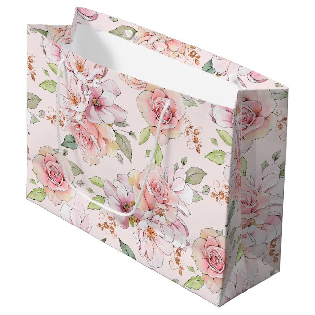 Grand Sac Cadeau Motif rose Pastel rose vintage (Devant Angle)