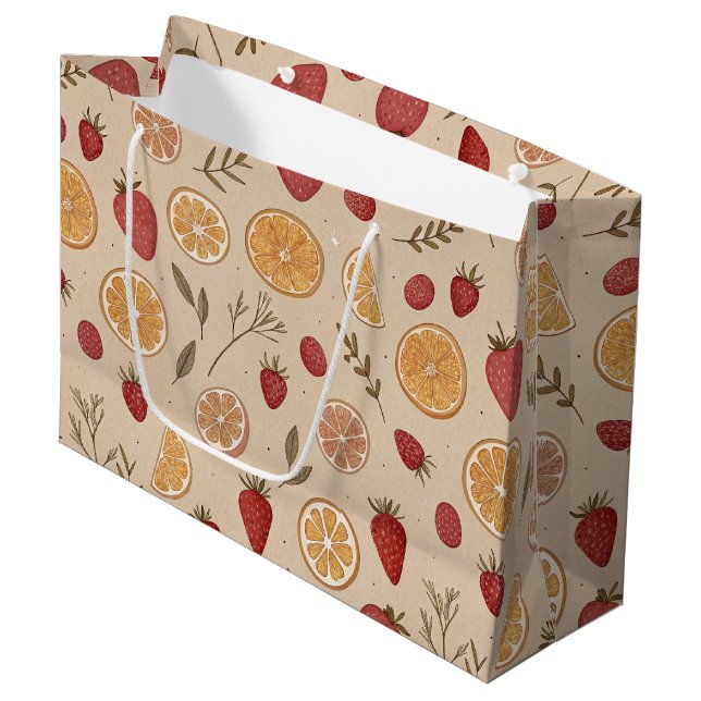 Grand Sac Cadeau Motif rustique de fraise et d'agrumes (5) (Devant Angle)