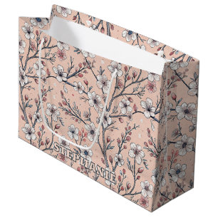 Grand Sac Cadeau Motif Sakura en fleurs de cerisier rose sur rose (