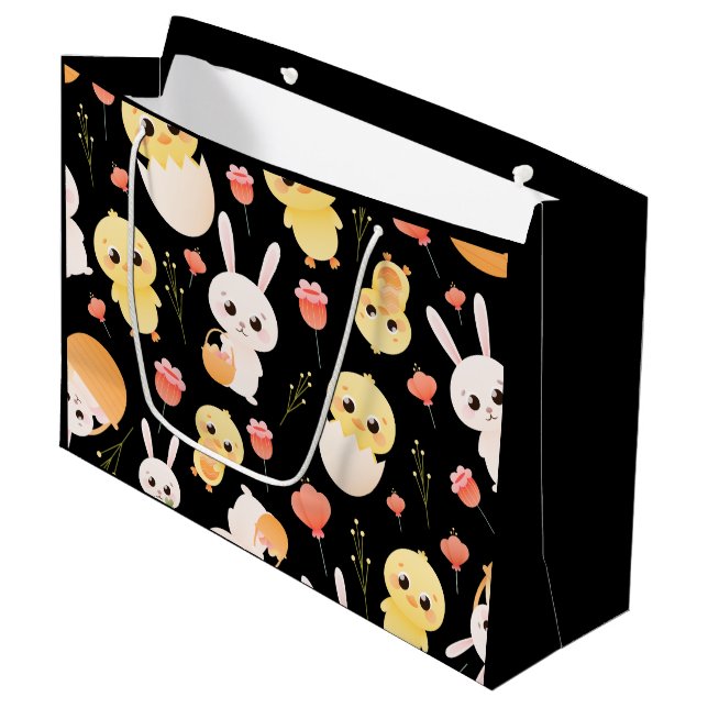 Grand Sac Cadeau Motif sans couture de poussins et de lapins de Pâq (Devant Angle)