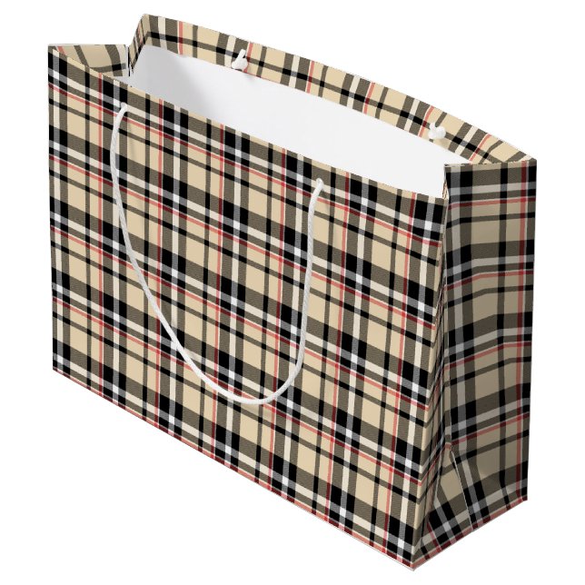 Grand Sac Cadeau Motif Tartan Plaid Carré noir beige rouge (Dos Angle)