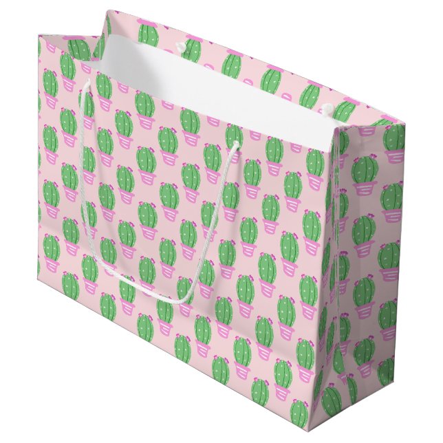 Grand Sac Cadeau Motif tendance Cactus à pointes roses (Devant Angle)