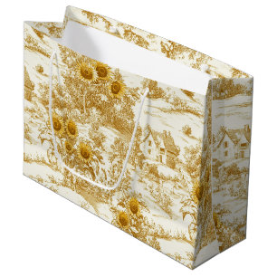 Grand Sac Cadeau Motif Toile Tournesol Ferme Couleur Or Chaud