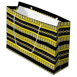 Grand Sac Cadeau Motif tribal noir, jaune et blanc