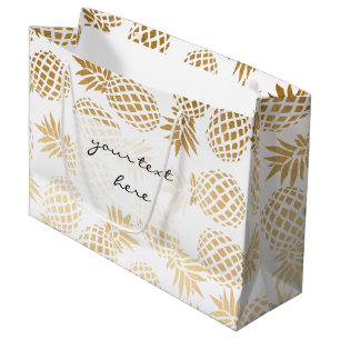 Grand Sac Cadeau motif tropical d'ananas d'or élégant de faux