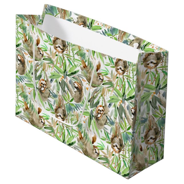 Grand Sac Cadeau Motif tropical de paresse d'aquarelle (Devant Angle)