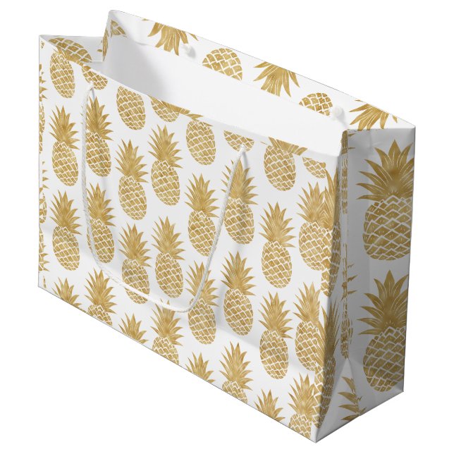 Grand Sac Cadeau Motif tropical élégant d'ananas d'or blanc (Devant Angle)