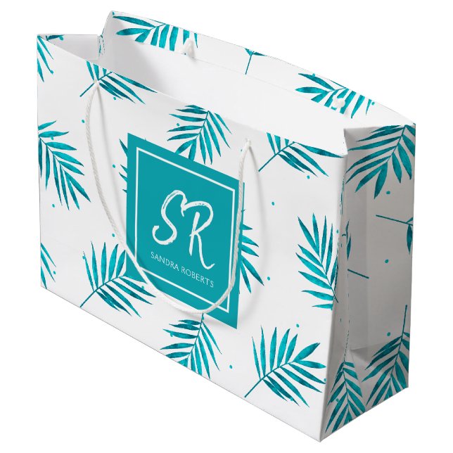 Grand Sac Cadeau Motif tropical feuille vert bleu (Dos Angle)