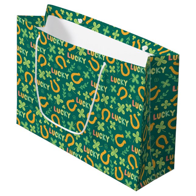 Grand Sac Cadeau Motif vert CHANCEUX irlandais (Devant Angle)