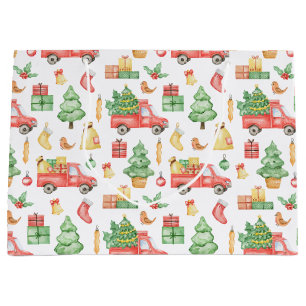 Grand Sac Cadeau Motif Vintage de camion rouge Noël