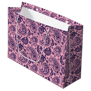 Grand Sac Cadeau Motif Vintage Paisley bleu foncé sur rose