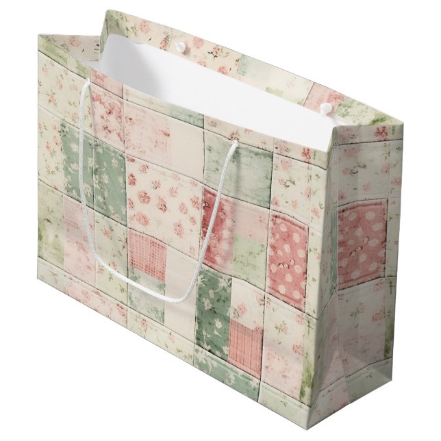 Grand Sac Cadeau Motifs de courtepointes floraux rose menthe de fer (Devant Angle)