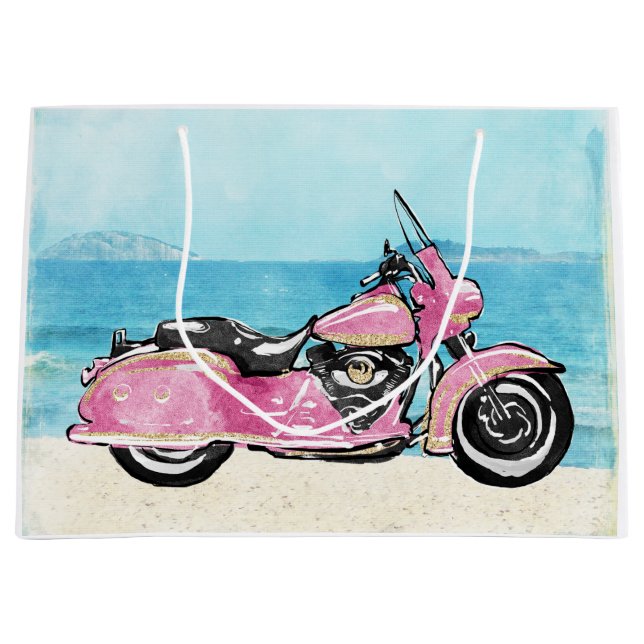 Grand Sac Cadeau Moto rose sur la plage (Devant)