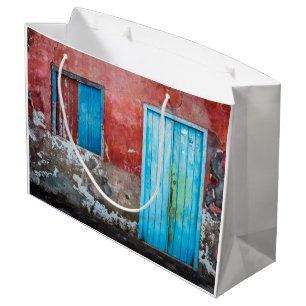 Grand Sac Cadeau Mur, porte et fenêtre rouge, bleu et gris