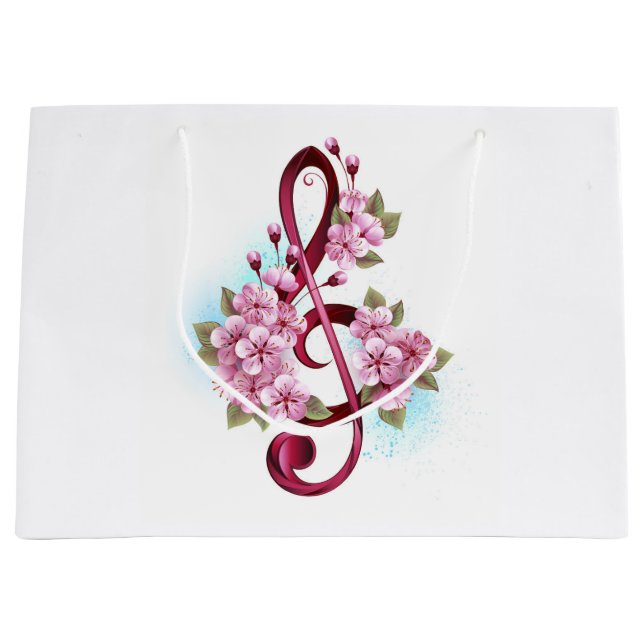 Grand Sac Cadeau Musical treble clef notes with sakura flowers (Devant)