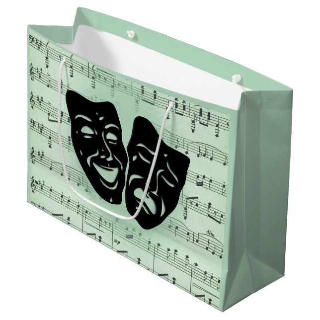 Grand Sac Cadeau Musique verte et masques grecs de théâtre (Devant Angle)