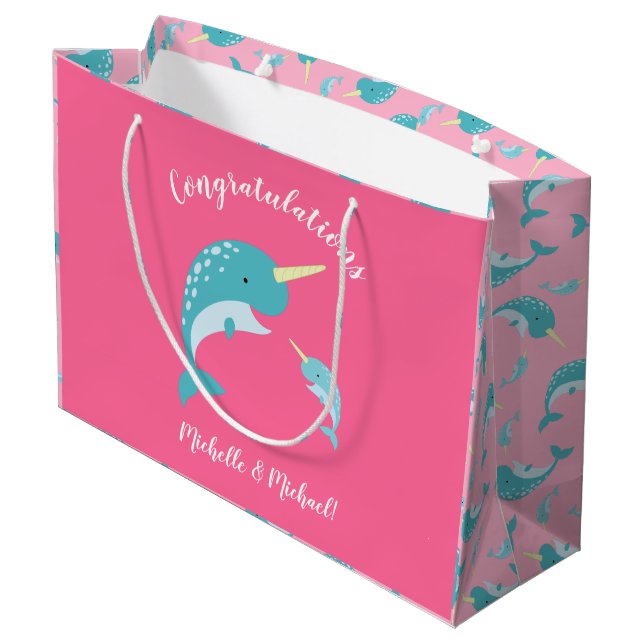 Grand Sac Cadeau Narwhal Baby shower rose fille baleine (Dos Angle)