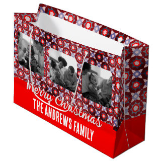 Grand Sac Cadeau Navidades Collage Family Photo Geometric Red