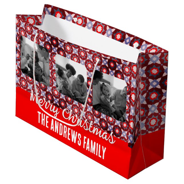 Grand Sac Cadeau Navidades Collage Family Photo Geometric Red (Devant Angle)