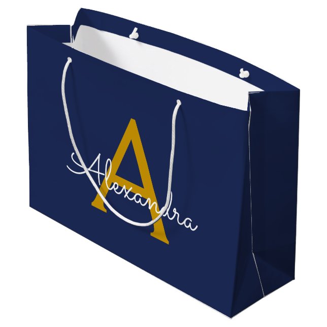Grand Sac Cadeau Navy Blue Or Moderne Monogramme Féminin Nom (Dos Angle)