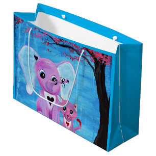 Grand Sac Cadeau Ne m'oubliez pas Éléphant Mignon Chat Art de Fleur