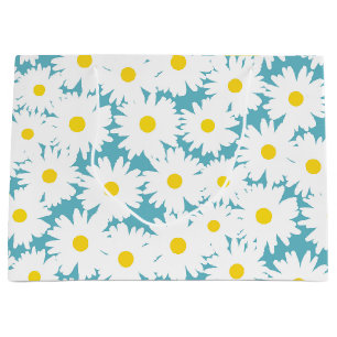 Grand Sac Cadeau Négative Space Daisies blanc jaune sur bleu